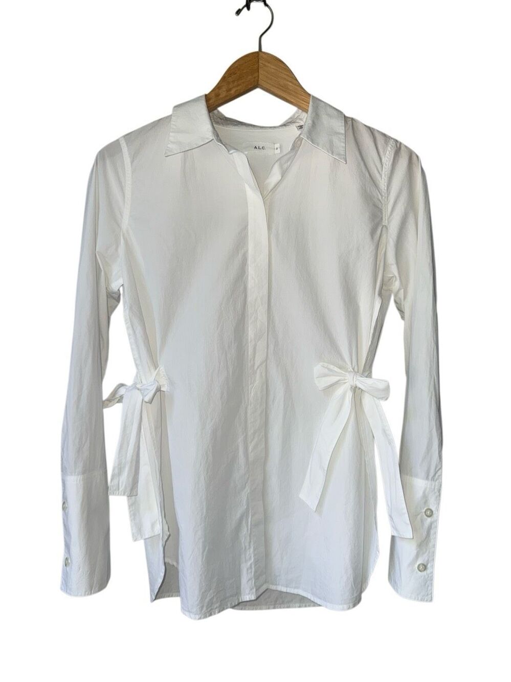 A.L.C 100% Cotton White Button Down Shirt With Side Slits & Bow Ties Size 2